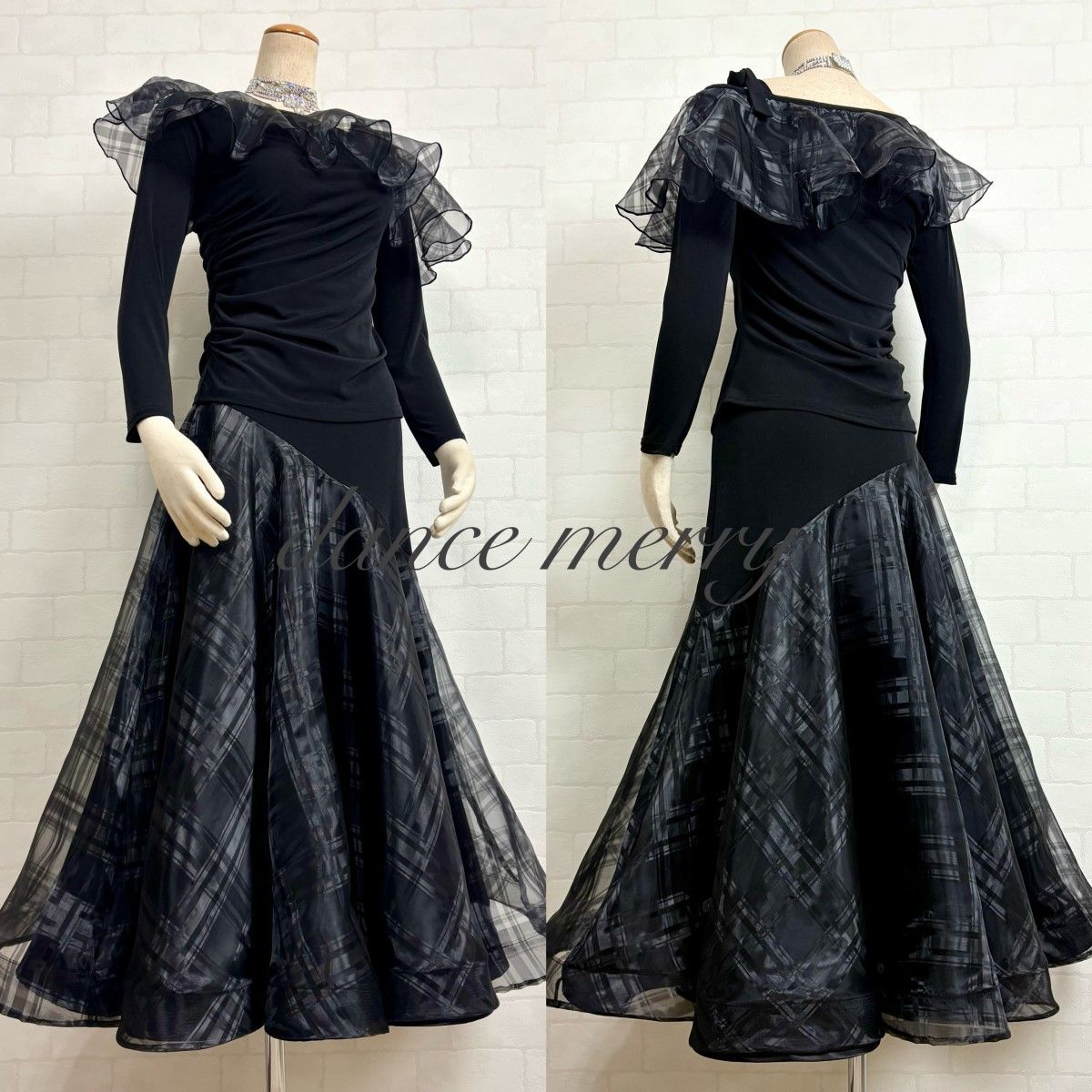 新品　社交ダンス　ツーピース　紺　フリル　マーメイド　セットアップ　1217 新品 社交ダンス ツーピース 紺 ネイビー フリル マーメイド