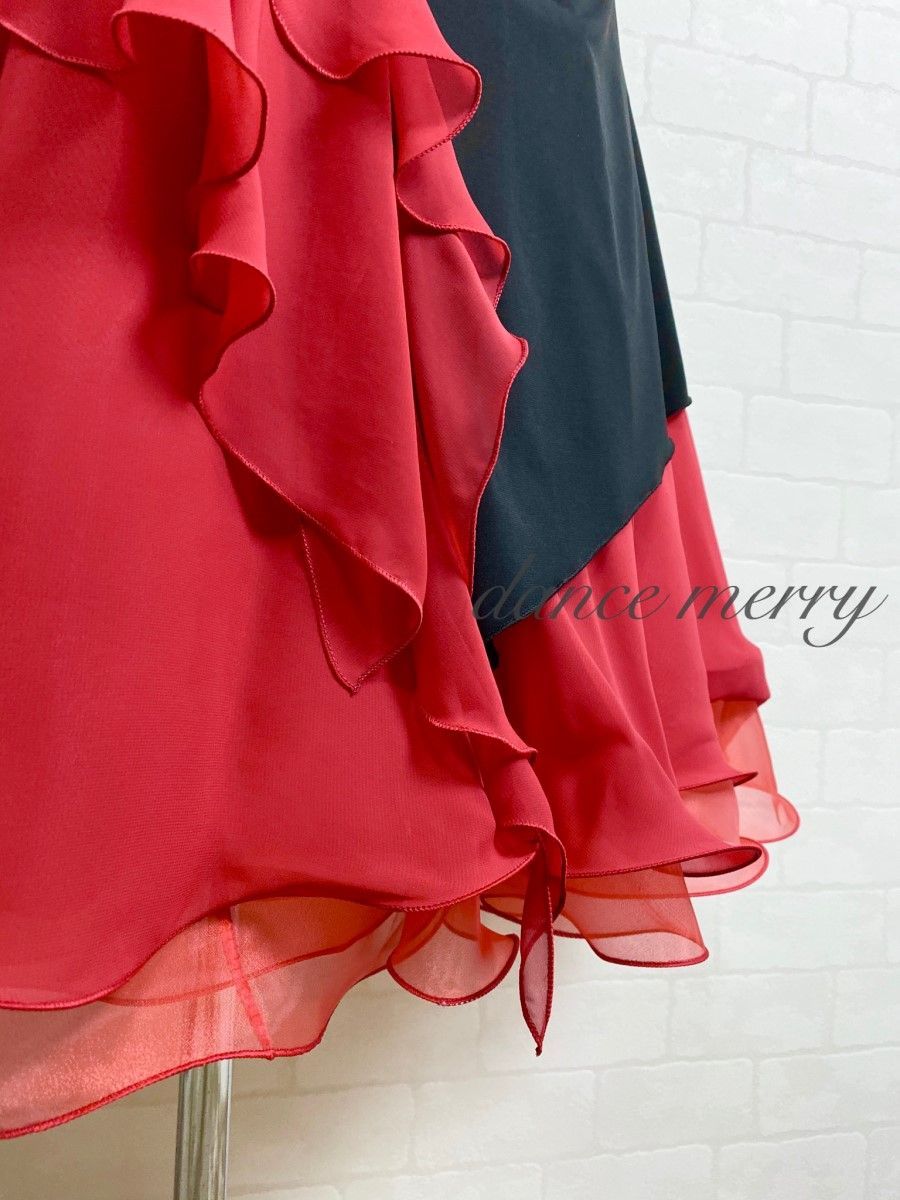 MERRY】新品 豪華 社交ダンス 赤 黒 スカート パーティ タンゴ ワルツ