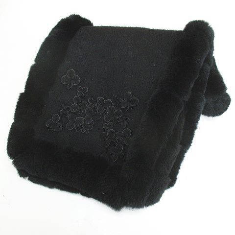 アンテプリマ ANTEPRIMA カシミヤ ウール マフラー ストール ラビットファー 黒系 ブラック 花 モチーフ ラインストーン ファッション小物