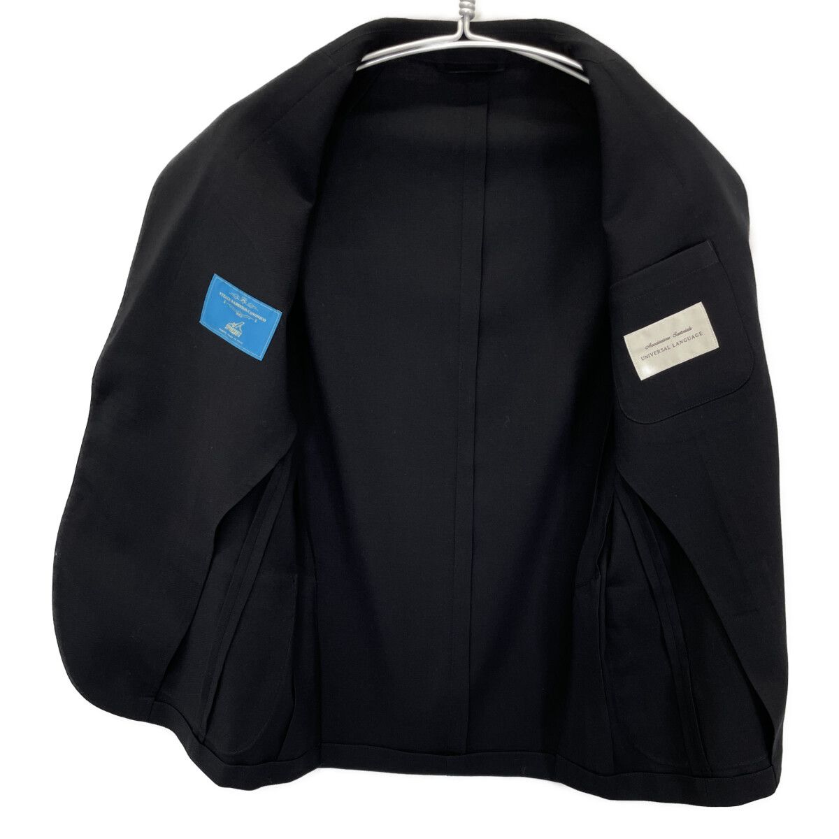 新品未使用【UNIVERSAL LANGUAGE】カノニコ生地 スーツS 160 UNIVERSAL LANGUAGE ユニバーサルランゲージ ﾌﾞﾗｯｸ ｳｰﾙ ｶﾉﾆｺ生地 ｽｰﾊﾟｰ
