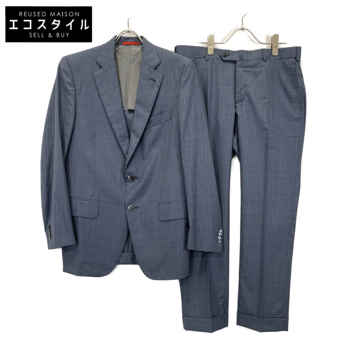 ISAIA イザイア ﾌﾞﾙｰ×ｸﾞﾚｰ ｼﾙｸ混 ｽﾄﾗｲﾌﾟ ｽｰﾂ 48