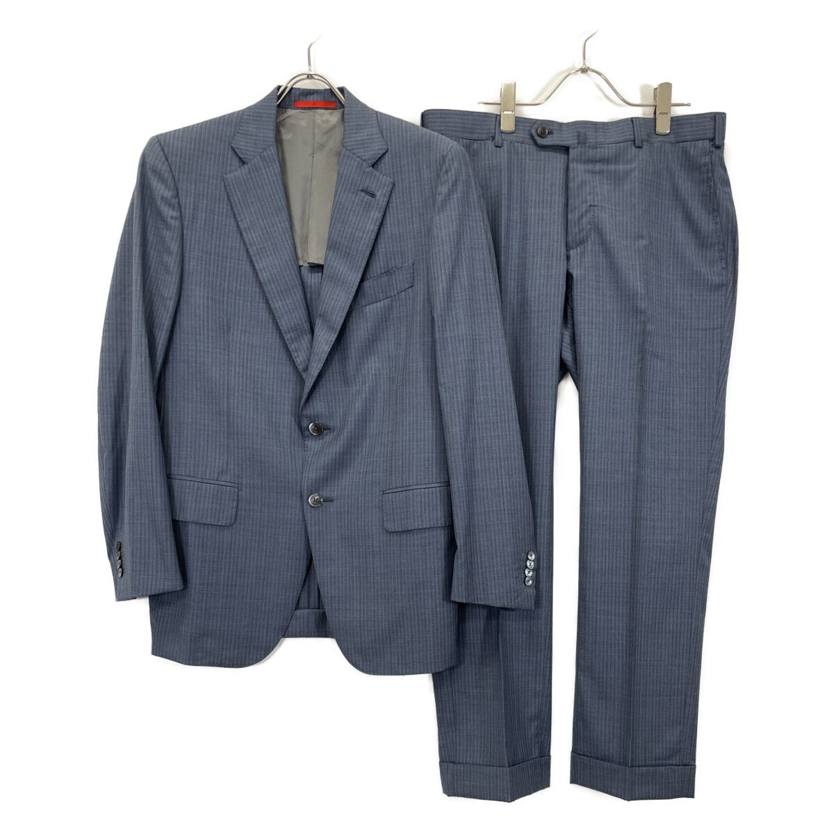 ISAIA イザイア ﾌﾞﾙｰ×ｸﾞﾚｰ ｼﾙｸ混 ｽﾄﾗｲﾌﾟ ｽｰﾂ 48