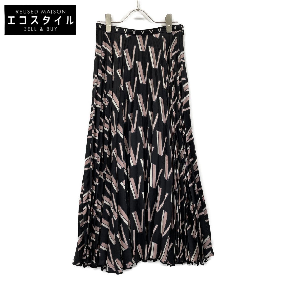 ヴァレンティノ ﾌﾞﾗｯｸ 総柄 ﾌﾟﾘｰﾂﾛﾝｸﾞｽｶｰﾄ 38