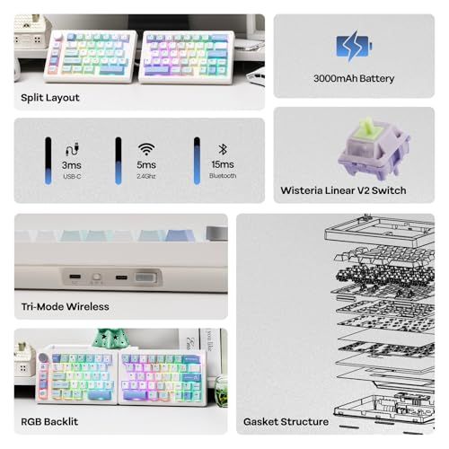 Split 70 ワイヤレスゲーミングキーボード 分割キーボード QMK VIA対応 テンキーレス メカニカルキーボード 無線 ホットスワップ対応 クリーミーリニアスイッチ 2 4 Ghz Bluetooth T 3038 be 06