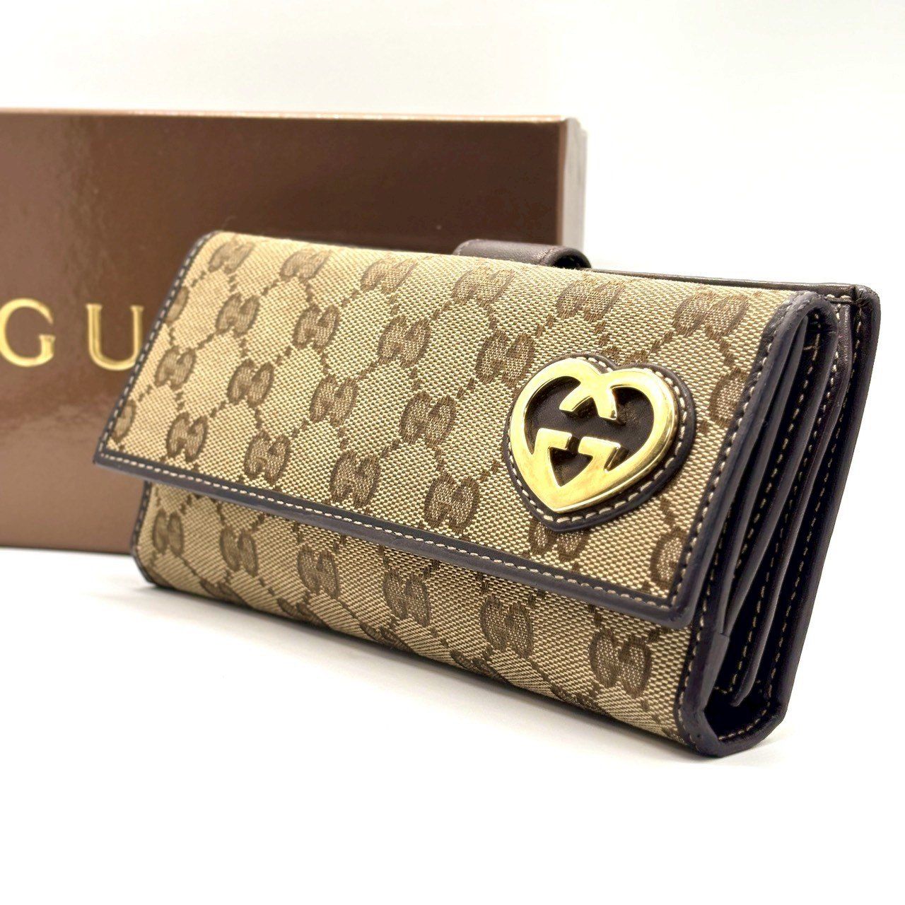 グッチ 長財布 GGキャンバス GG柄 ジャガード ハート ゴールド金具 茶色