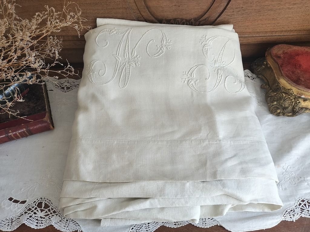 フランス アンティーク リネン 無地 シーツ モノグラム 刺繍 205 x270cm