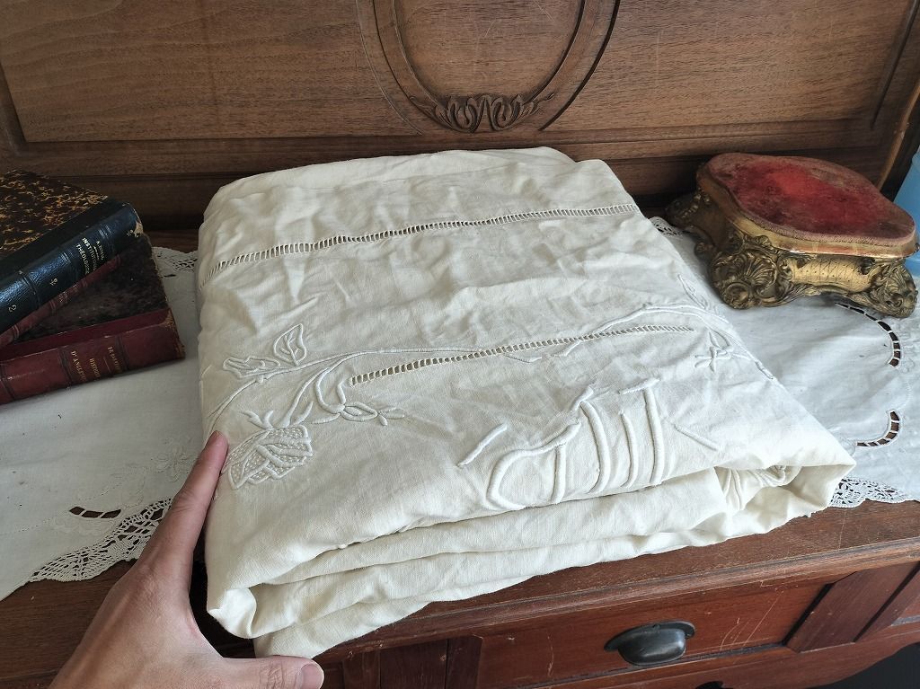 フランス アンティーク リネン 無地 シーツ モノグラム 刺繍 225 x 300 cm