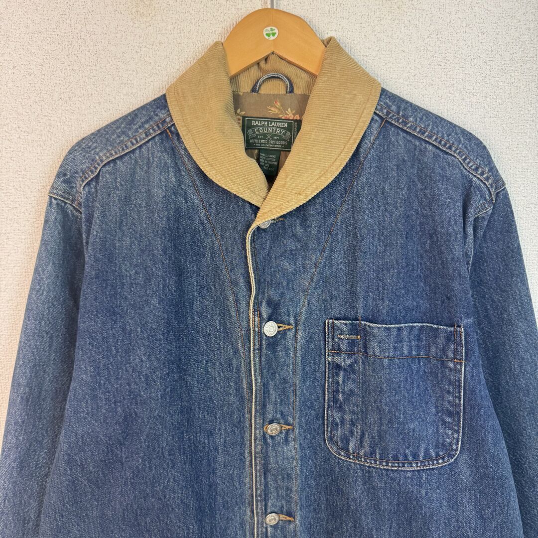 90 s RALPH LAUREN COUNTRY ラルフローレンカントリー 花柄 カバーオール ジャケット デニム 襟コーデュロイ Mサイズ メンズ 古着 アメカジ ワーク系