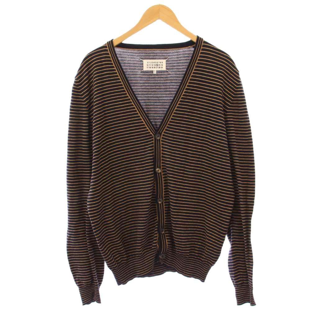 メゾンマルジェラ Maison Margiela ニットカーディガン 長袖 Vネック 薄手 ボーダー柄 バイ 1 紺 ネイビー 茶 ブラウン BB