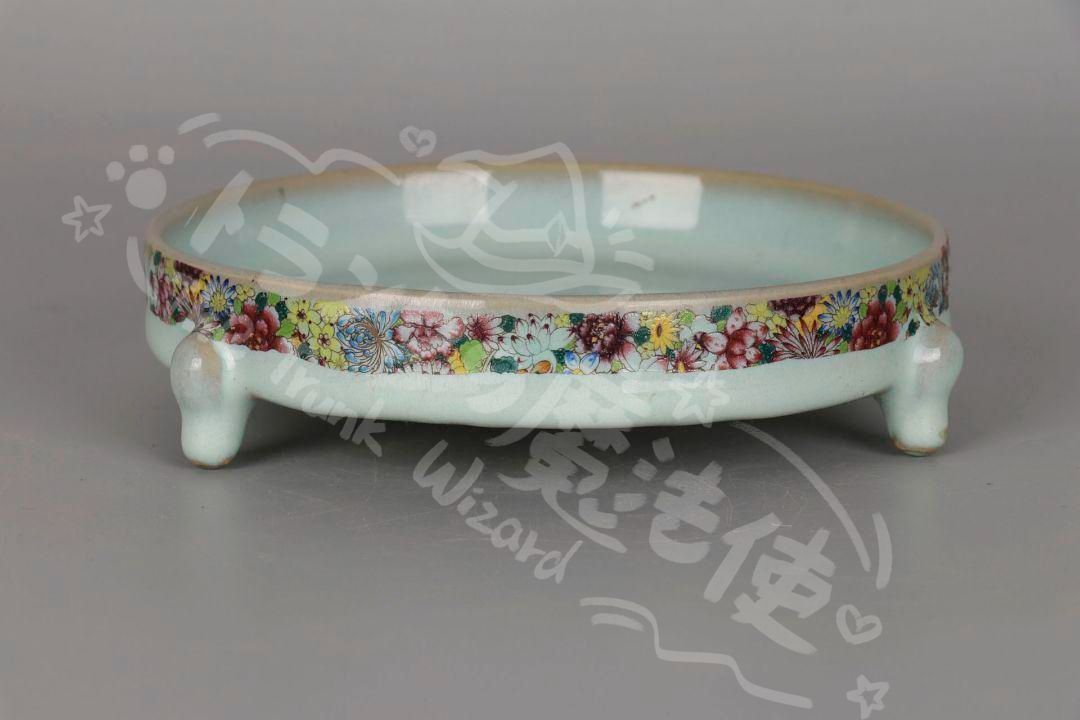 新年ギフト宋汝窯天青釉粉彩万花紋三足洗 書道具 文房具 現代工芸品