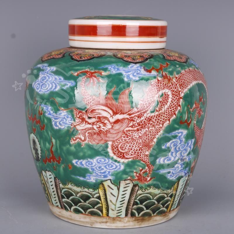 清雍正緑地粉彩龍鳳紋茶蓋缶 景徳鎮 陶磁器 装飾品 現代工芸品美術品 置物 新年ギフト清雍正緑地粉彩龍鳳紋茶蓋缶 景徳鎮 陶磁器 装飾品 現代工芸
