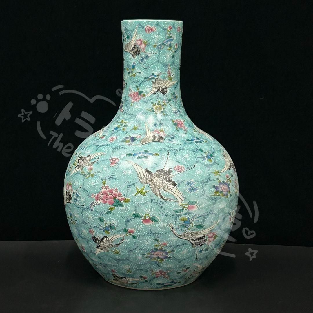 清康熙烏金釉本金手描き松鶴延年天球瓶 景徳鎮 陶磁器 装飾品現代工芸品美術品置物 新年ギフト大清雍正夜光磁器百鶴舞う図天球瓶 収蔵品 美品 景徳鎮 現代