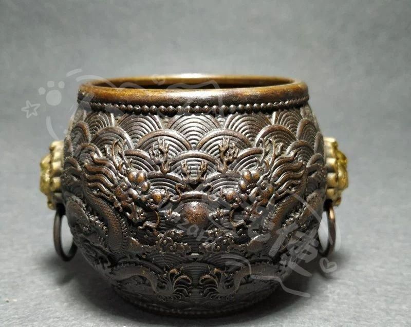 新年ギフト銅 細工 双龍戯珠銅壺 双獣頭香炉 筆洗 工芸品 置物