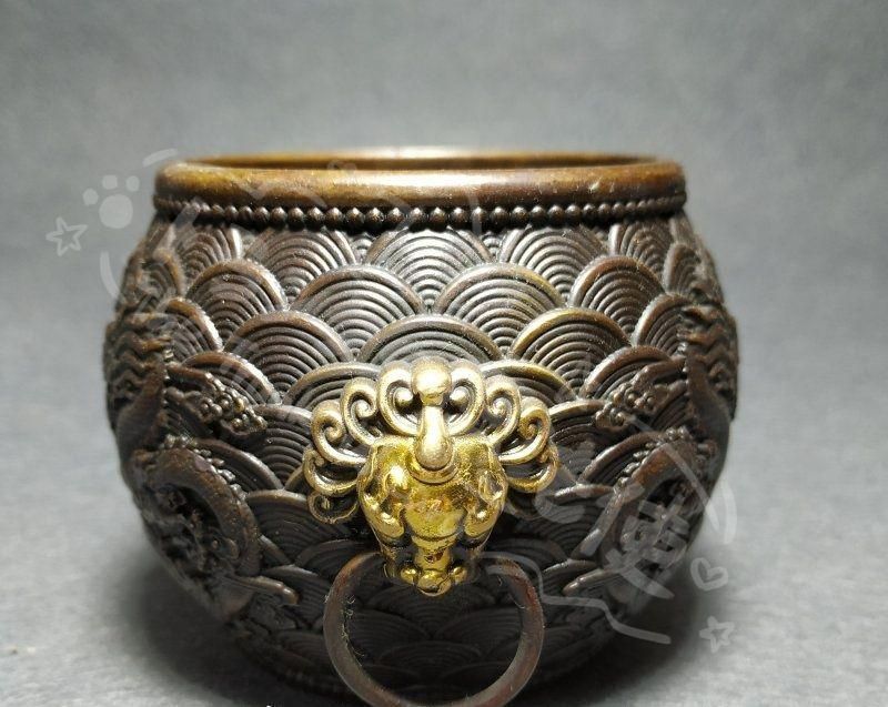 新年ギフト銅 細工 双龍戯珠銅壺 双獣頭香炉 筆洗 工芸品 置物