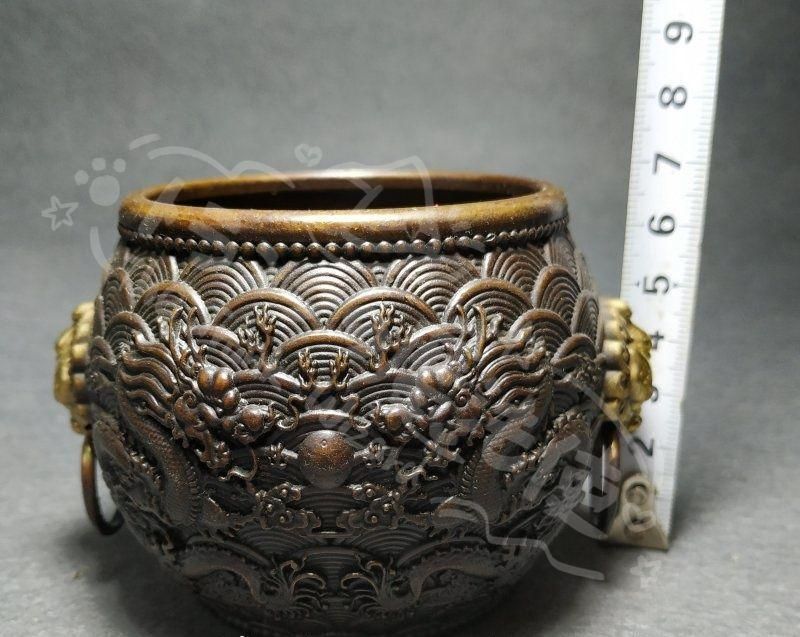 新年ギフト銅 細工 双龍戯珠銅壺 双獣頭香炉 筆洗 工芸品 置物
