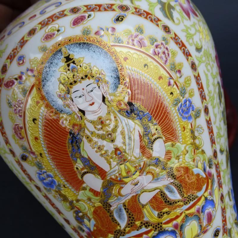 新年ギフト清康熙青釉粉彩タンカ紋梅瓶 景徳鎮 陶磁器 装飾品 現代工芸