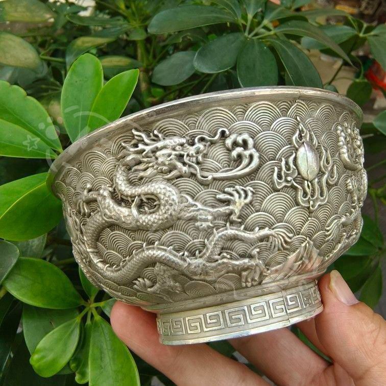 新年ギフト銅製 浮彫双龍戯珠碗 茶碗 装飾品 工芸品置物 CZW1207P1087
