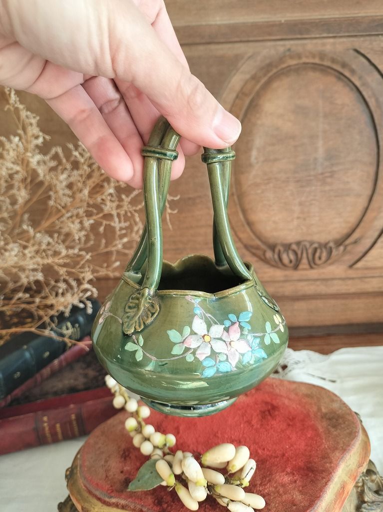 フランス アンティーク エナメル花絵つき 陶器 小さい バスケット