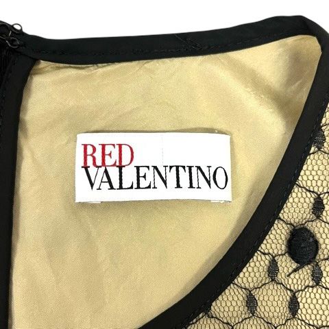 【中古】レッド ヴァレンティノ RED VALENTINO ワンピース フレア レース チュール シースルー 七分袖 ひざ丈 38 黒 ベージュ レディース レッド ヴァレンティノ RED VALENTINO ワンピース フレア レース