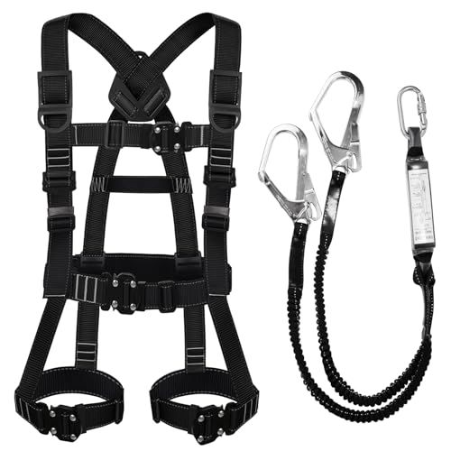 Jisentoll フルハーネス安全帯 新規格 セット 脱着簡単 全身反射 安全保護 ワンタッチ バックル腹部と胸と脚ワンタッチバックル 便利 安全 水平型腿ベルト 伸縮式 ダブルランヤード ハーネス 安全帯 墜落制止用器 68966 f 1