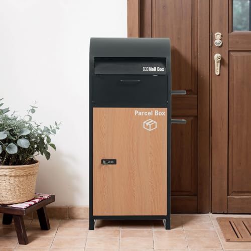 ポスト 置き型 宅配ボックス付き スタンドポスト 傘立て付き 郵便ポスト 一戸建て用 大型 郵便受け メール便対応 ダイヤル錠付き 防錆 防水設計 玄関 おしゃれ シンプル ほぼ完成品 ブラック 26 c 76 cb 6