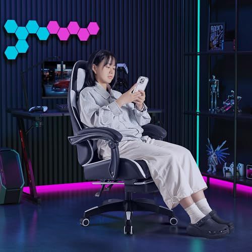 VICTONE ゲーミングチェア 連動式アームレスト オットマン付き ゲーム用チェア PCチェア リクライニングチェア オフィスチェア 改良座面 座り心地よい イス 椅子 テレワーク 疲れない ホワイト オットマンあり 4 d 89 e 2 9