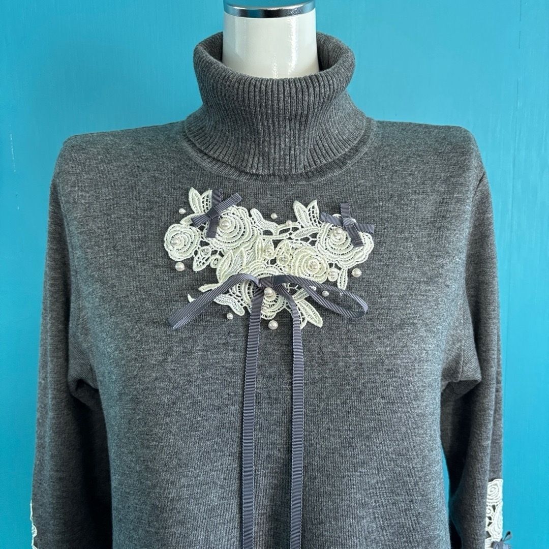 940 スーパービューティー ニットワンピース 42 グレー 花柄レース