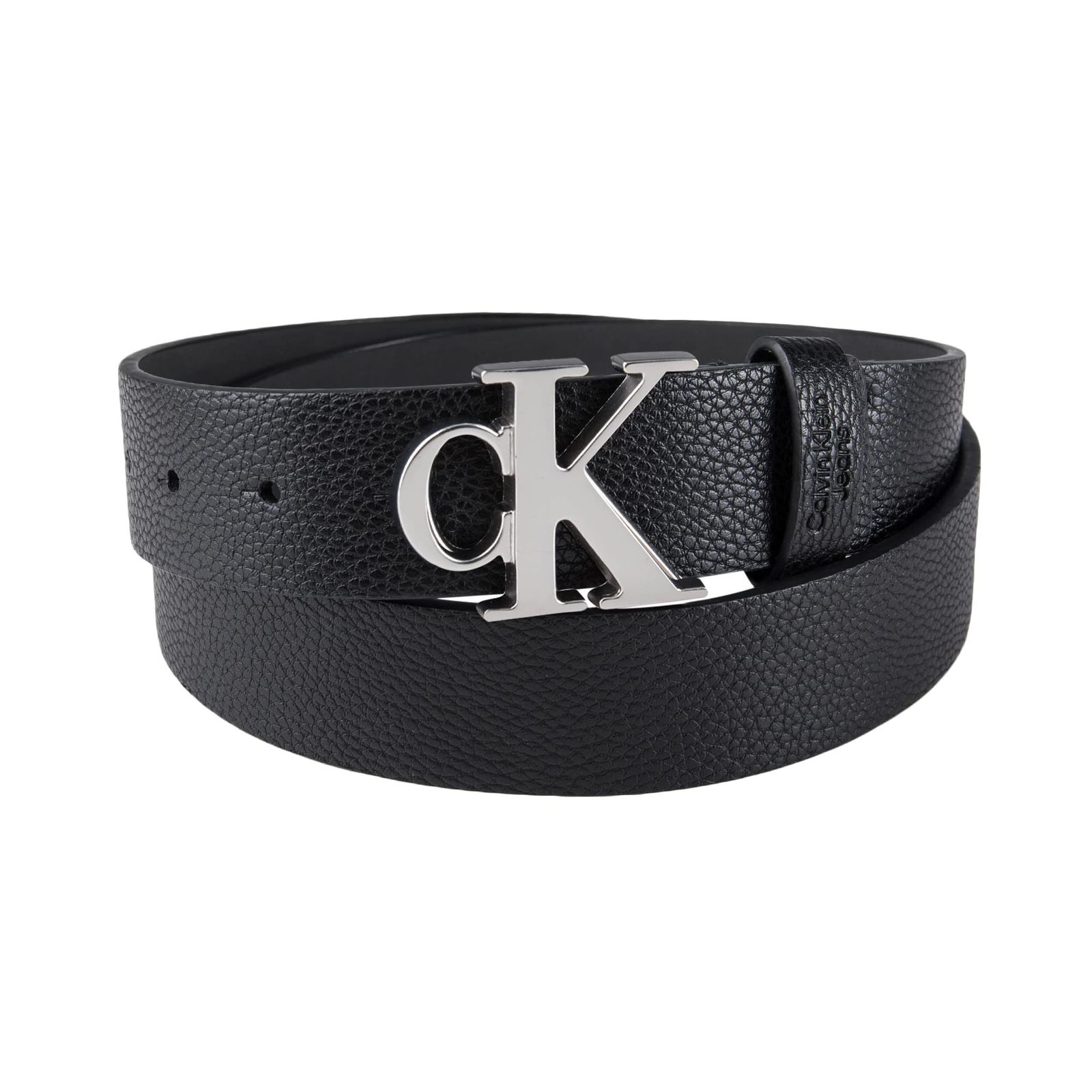 Calvin Klein メンズ カジュアル ステートメントプラークバックルベルト ロゴトリートメント， ブラック/シルバー， Large (38-40) [ブラック/シルバー] [Large (38-40)]