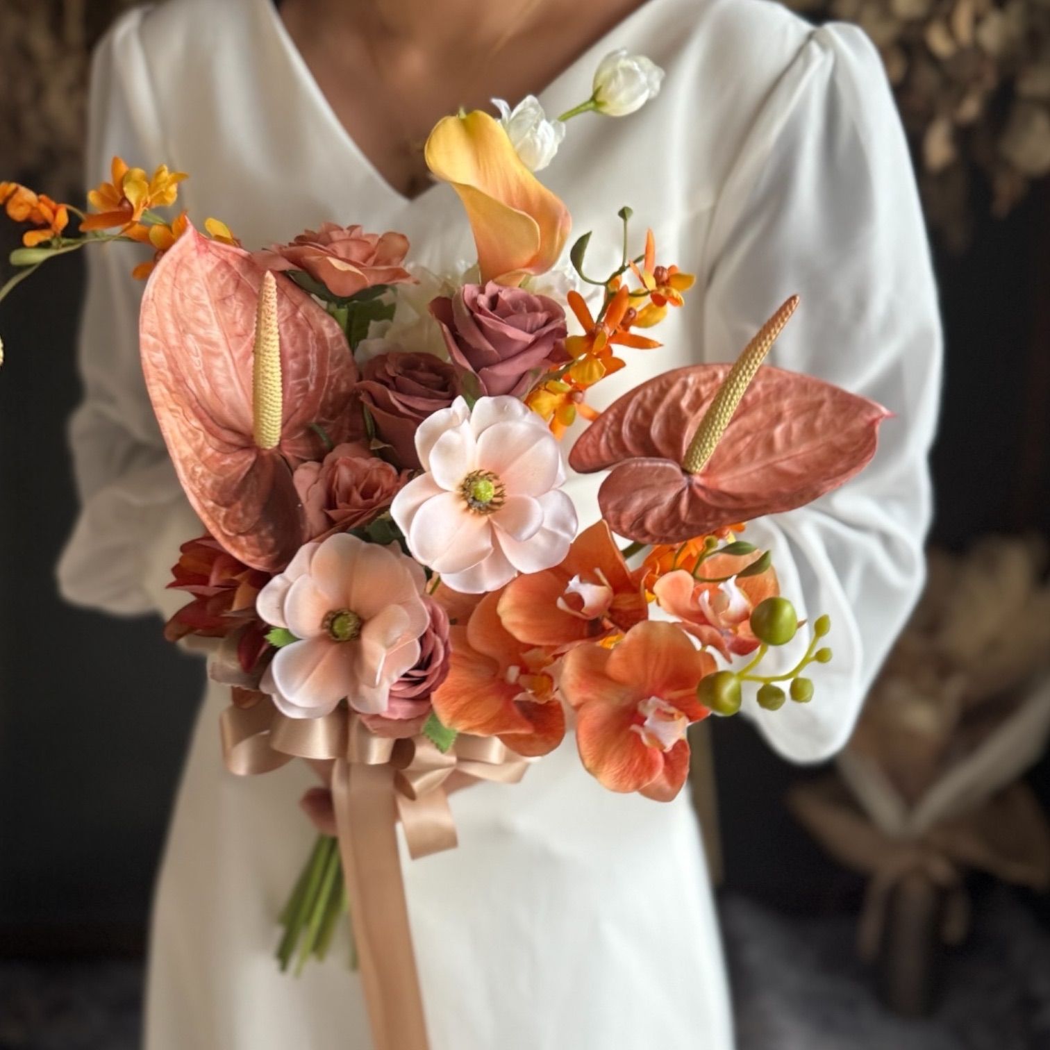 テラコッタ系 クラッチブーケ ブートニア付き テラコッタ×サーモンピンククラッチブーケ☆ブートニア ショップ