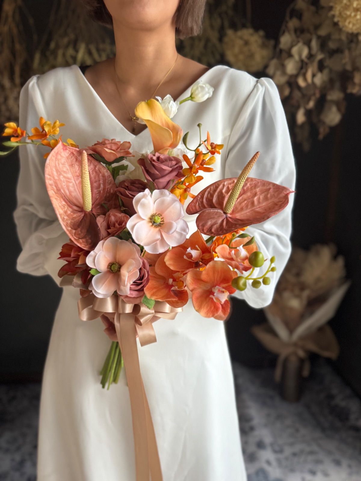 テラコッタ×サーモンピンククラッチブーケ☆ブートニア ショップ