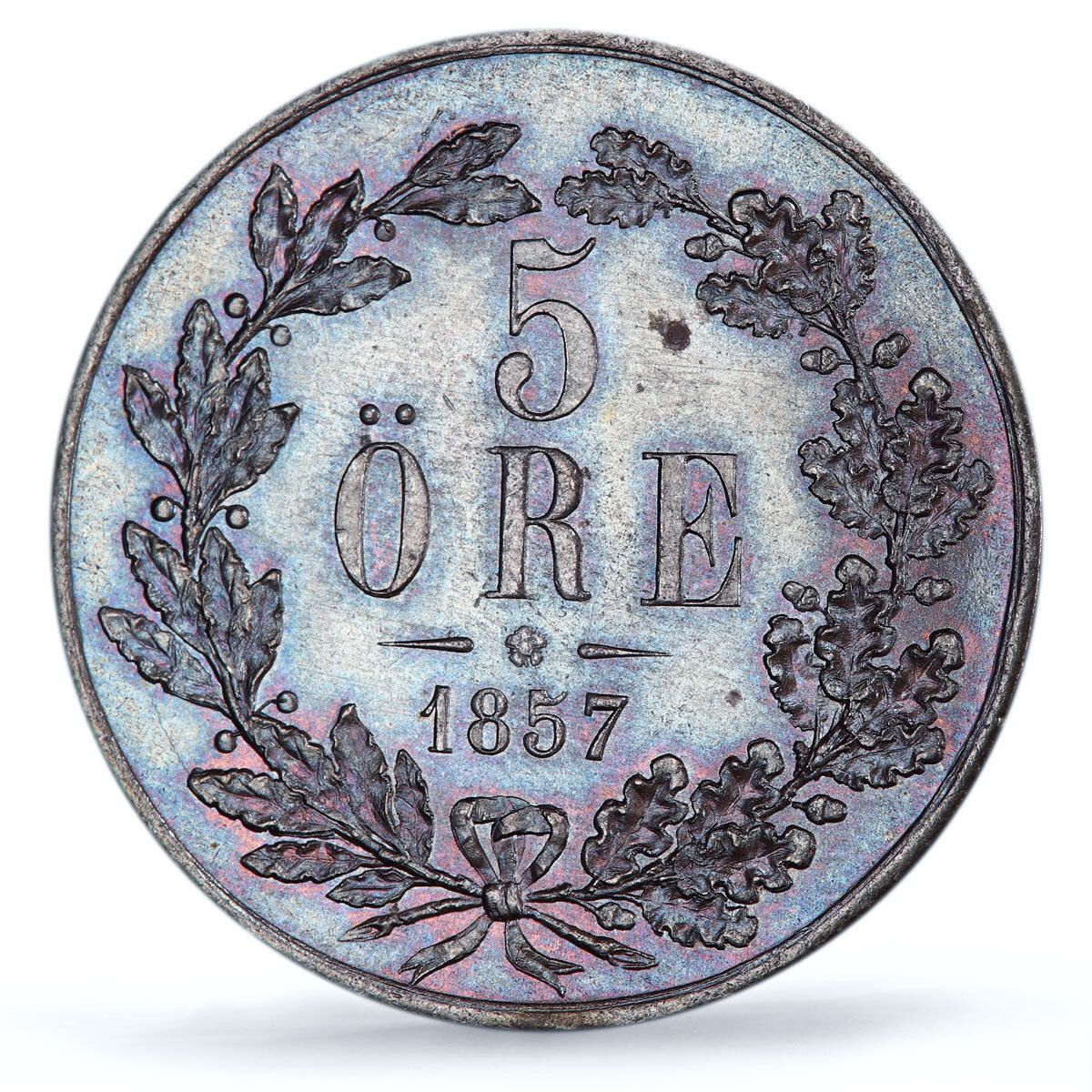 スウェーデン 5鉱石 オスカル1世 ユニーク ヴァリエーション KM 690 MS 65 PCGS ブロンズコイン 1857年