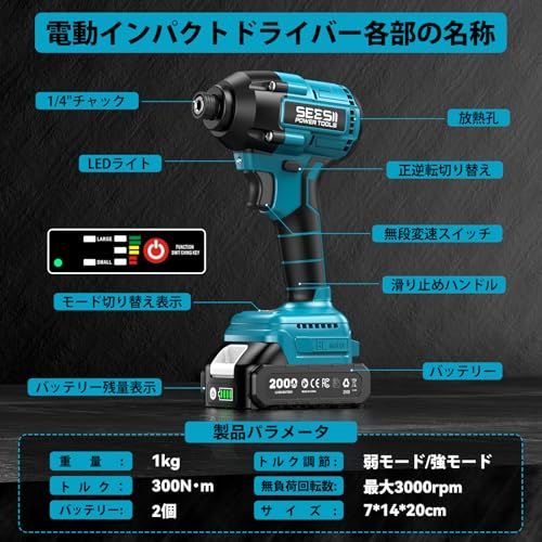  2025 SEESII インパクトドライバー 電動ドライバー 充電式 300 N m ブラシレスモーター採用 4つのモード切り替え 無段変速 正逆転両用 バッテリー LEDライト 軽量 小型インパクト ドライバー 厚みのある材質の穴あけネジ締め インパクトドライバー ドライバー