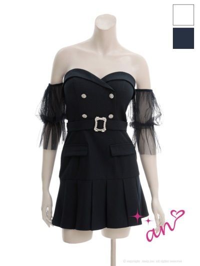 ネイビー OF 05 AOC 4024 NV 2512 an アン チュールスリーブ付き 袖取り外し 2 way ビジューボタン ベルト プリーツ フ ベア ミニドレス キャバドレス