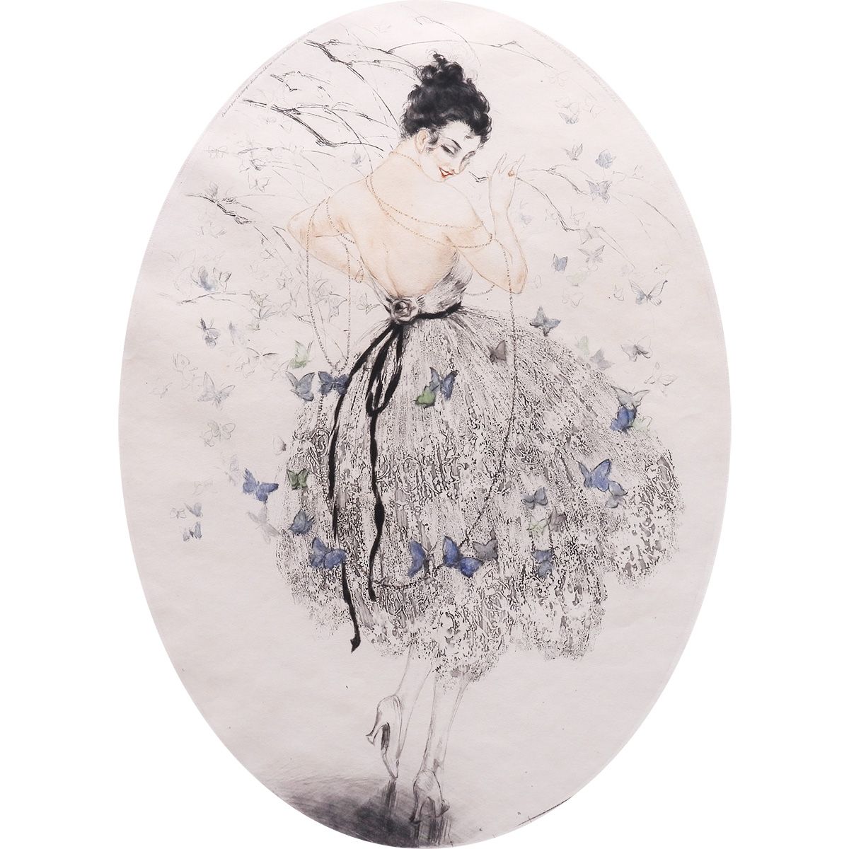 ルイ イカール 蝶とたわむれる女 人物画 女性像 美人画 11日まで展示 アート 昆虫 作家直筆サイン 版画 絵画 げ交渉