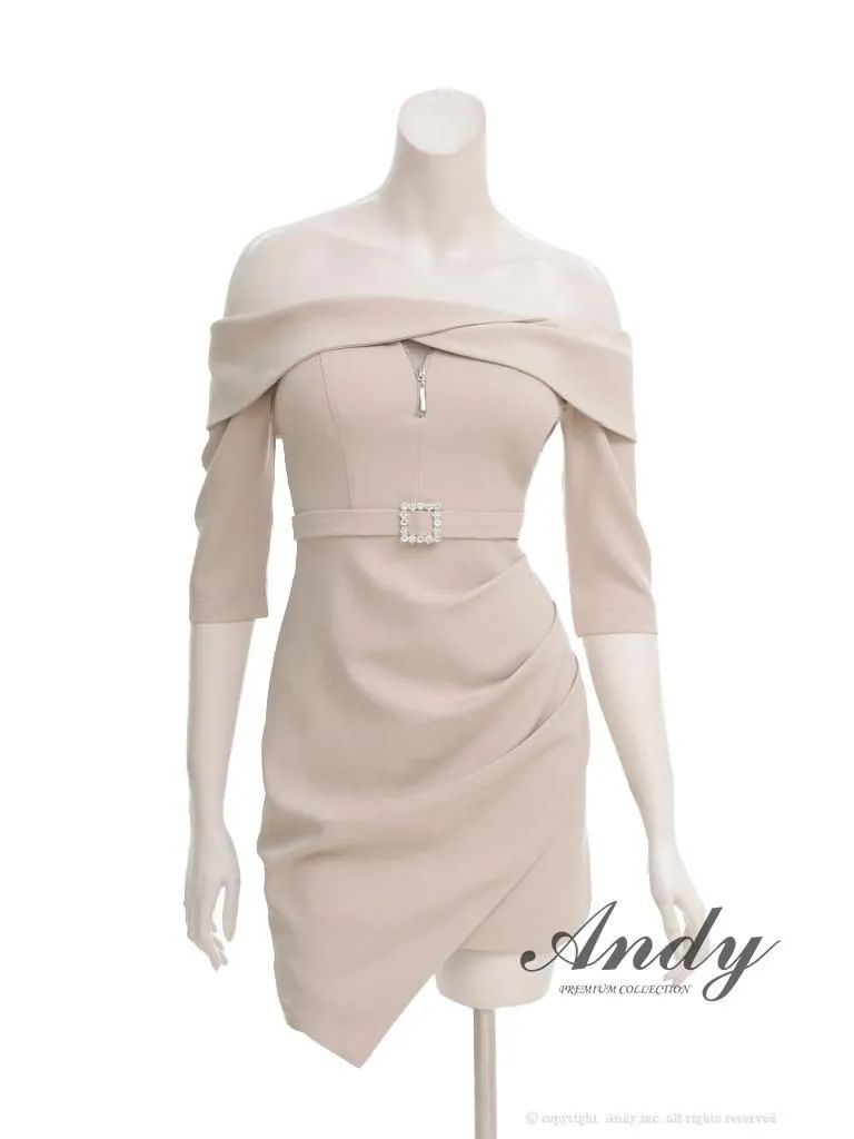 ベージュ OF 05 ON 3027 NV 2511 ANDY アンディ タイト バストジップ タック アシメスカート ストレッチ 無地 オフショルデザイン ミニドレス キャバドレス