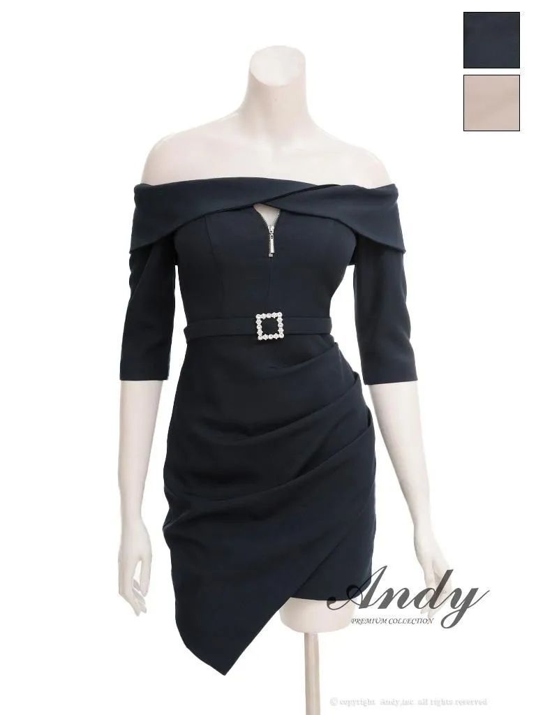 ネイビー OF 05 ON 3027-NV-2511 ANDY アンディ タイト バストジップ タック アシメスカート ストレッチ 無地 オフショルデザイン ミニドレス キャバドレス