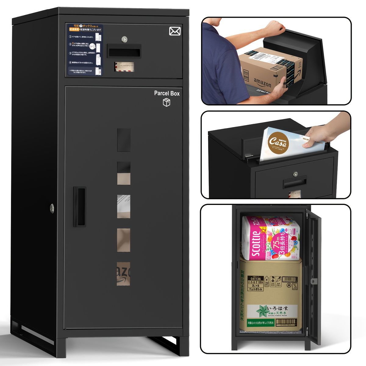 大容量＆防犯対策 屋外用メールボックス 鍵付き 郵便受け 大型 A 4対応 防水 盗難防止 おしゃれ 郵便ポスト 壁掛け 自立式 家庭用 業務用 玄関 エクステリア ブラック 木目調