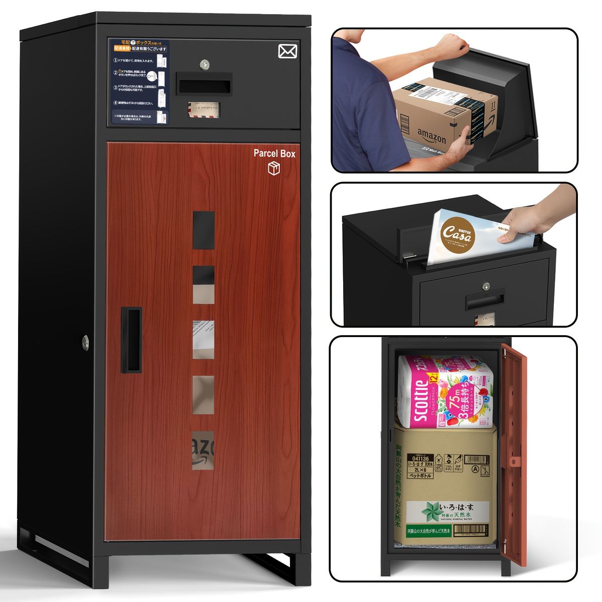 大容量＆防犯対策 屋外用メールボックス 鍵付き 郵便受け 大型 A 4対応 防水 盗難防止 おしゃれ 郵便ポスト 壁掛け 自立式 家庭用 業務用 玄関 エクステリア ブラック 木目調 ブラックレッドウッド