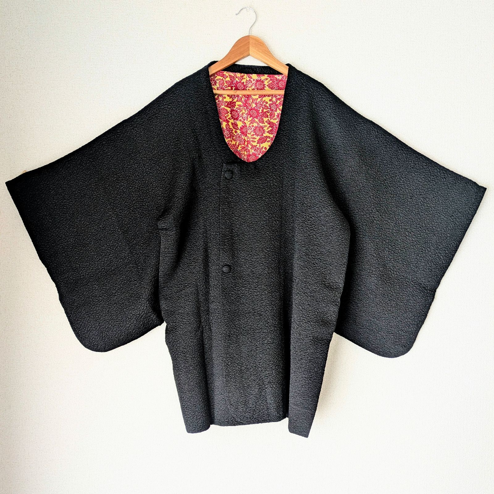 Japanese Haori coat Michiyuki Black Silk Kimono Jacket 羽織 正絹 道行コート 黒 ふくれ織 大正浪漫 和洋折衷