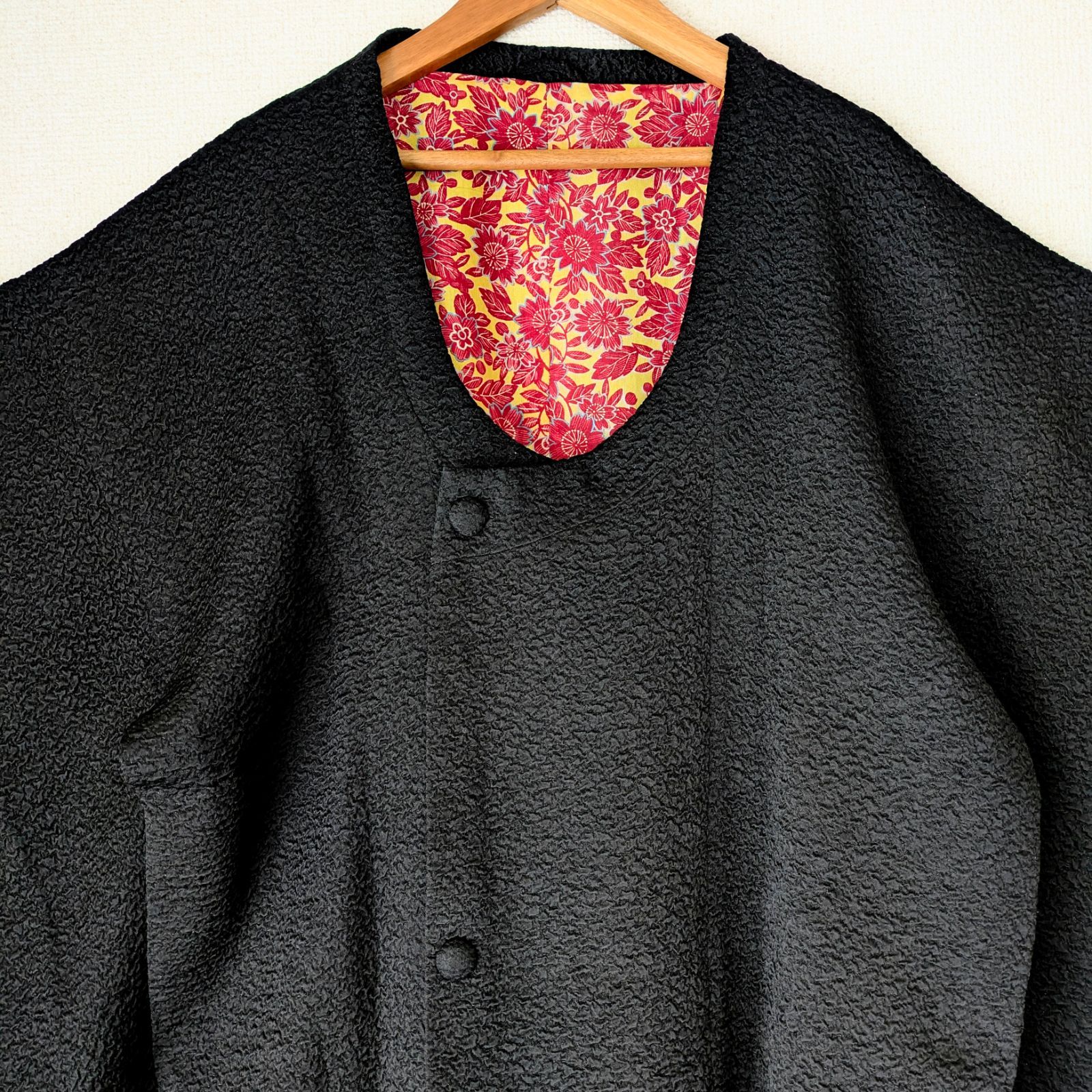 Japanese Haori coat Michiyuki Black Silk Kimono Jacket 羽織 正絹 道行コート 黒 ふくれ織 大正浪漫 和洋折衷