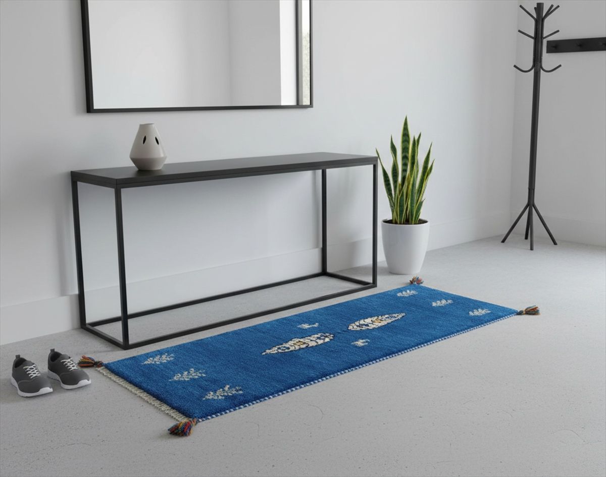 ペルシャ ギャッベ ミニランナー 120x42cm ロイヤルブルー 糸杉 生命の木 RJ16269