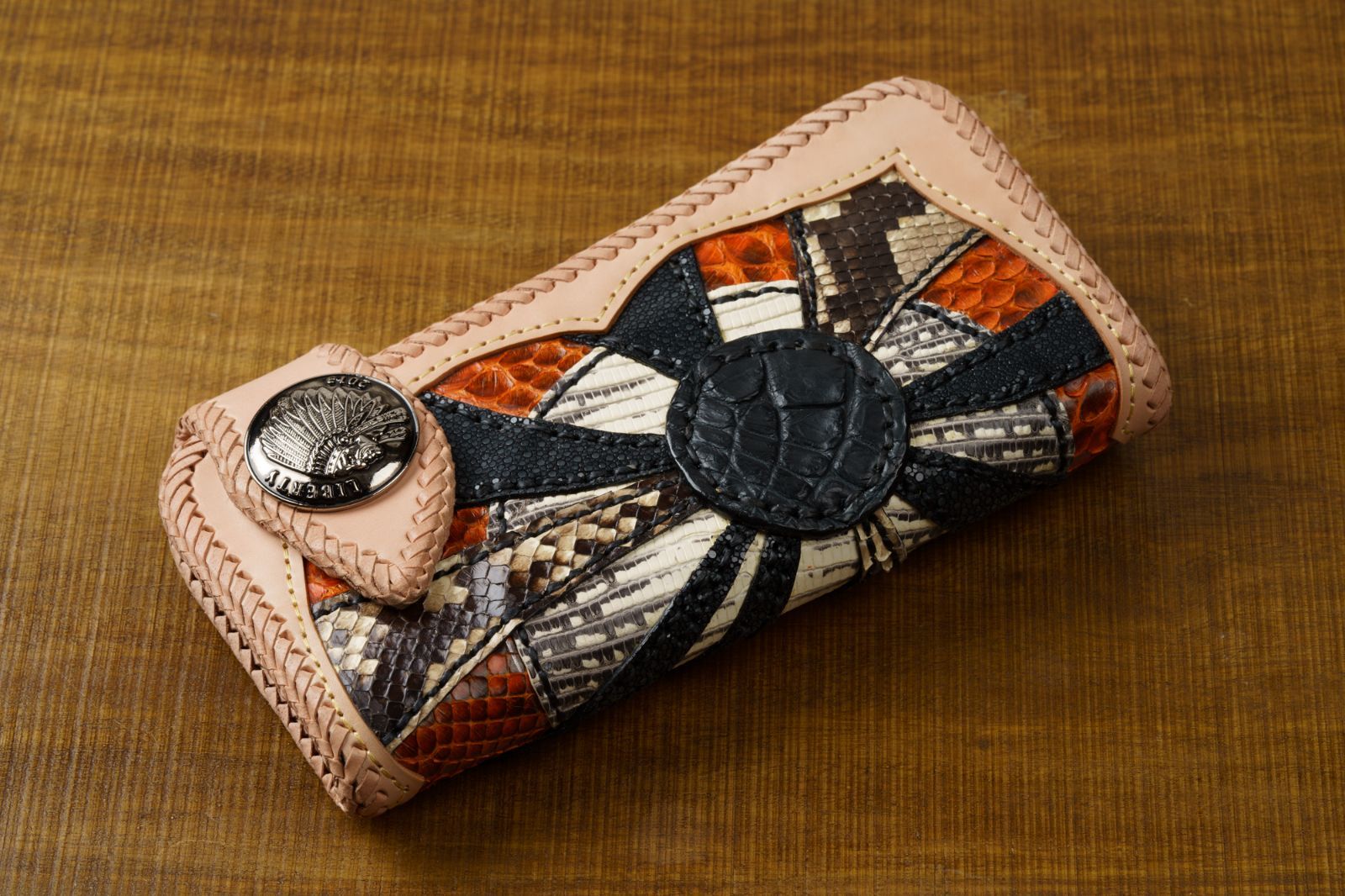 バイカーズ風ミックス長財布 ベージュ