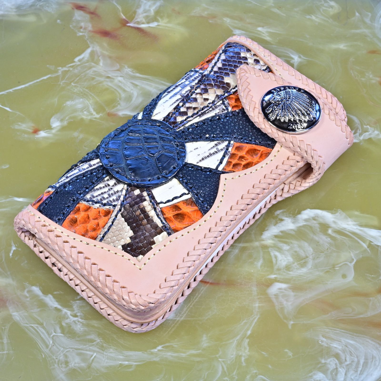 バイカーズ風ミックス長財布 ベージュ