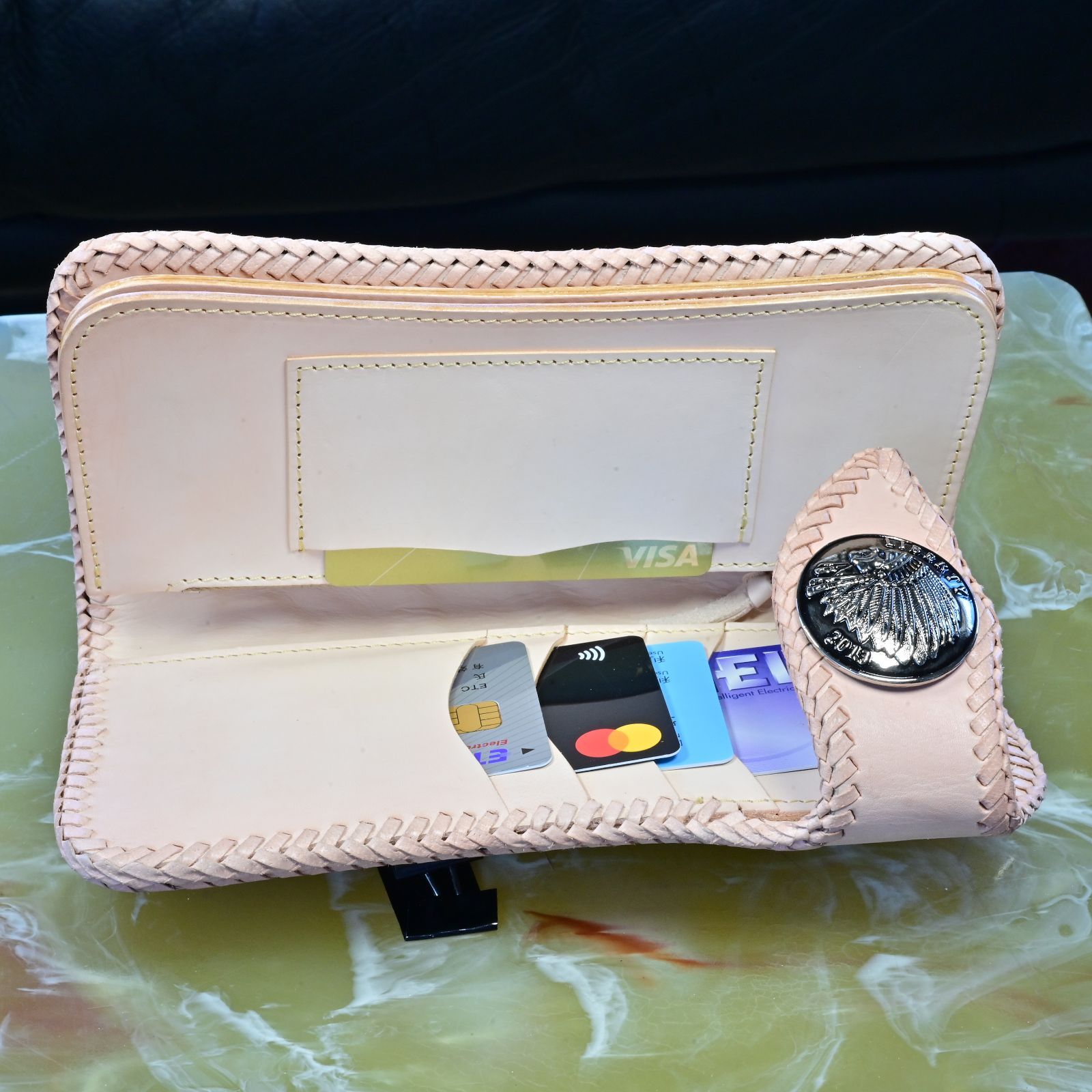 バイカーズ風ミックス長財布 ベージュ