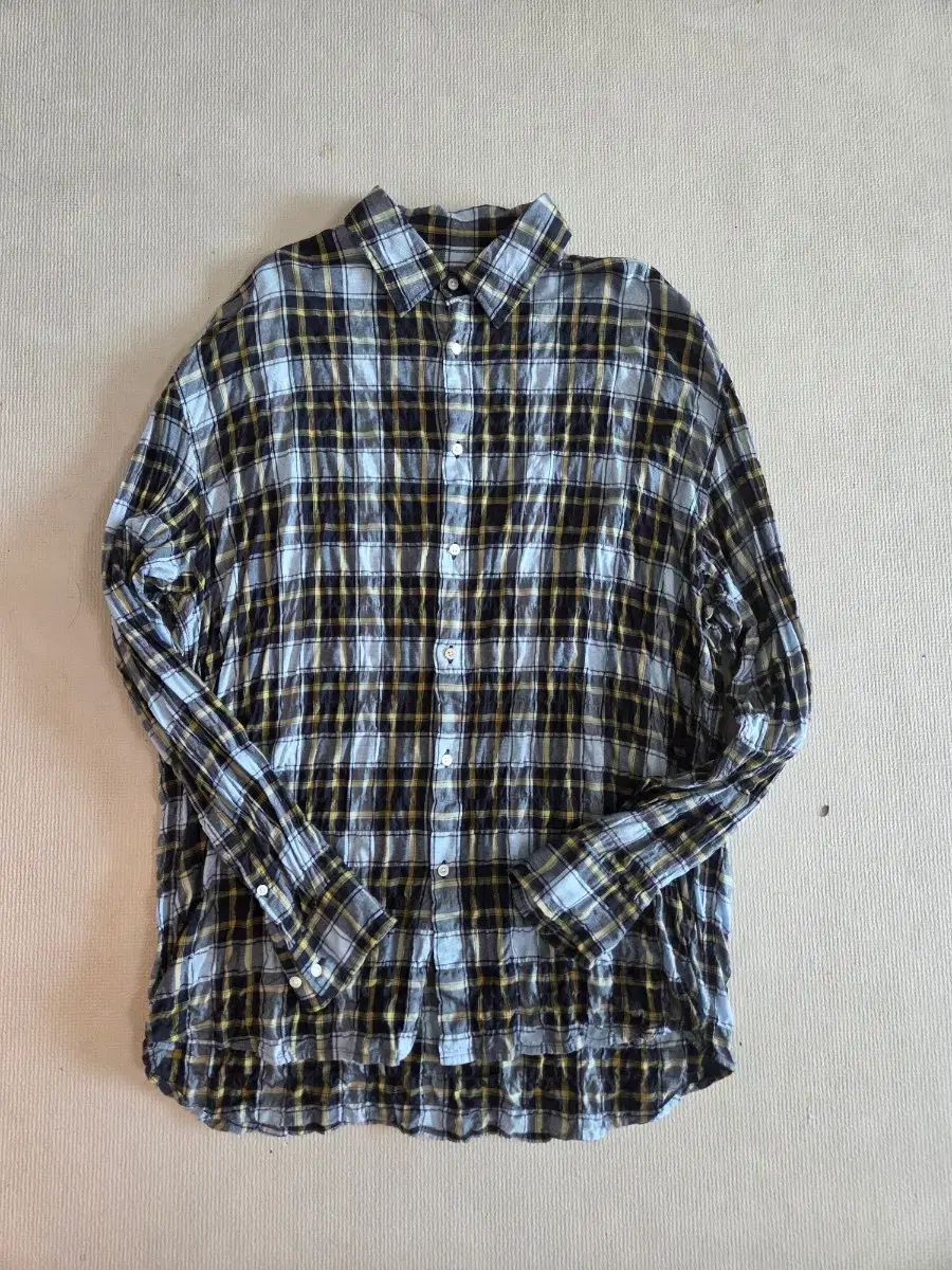 3 ウッドリンクル ウォッシュド シャツ チェック柄 ブルー