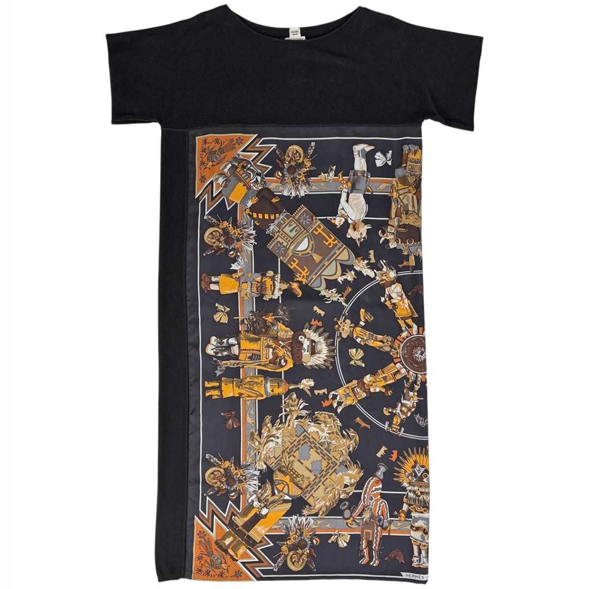 エルメス HERMES ニット 切り替え ワンピース シルク 半袖 スカート ブラック レディース