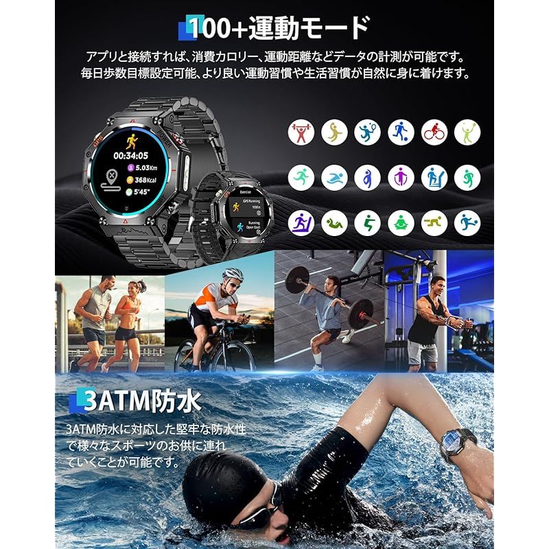 スマートウォッチ 2025最新進化 GPS内蔵 CHATGPT搭載 2種バンド付き Bluetooth通話 LINE メッセージ通知 3 ATM防水 軍用規格 100 運動モード GPS運動記録 歩数計 長持ちバッテリー 7 10日使用 300 文字盤D 0 リマインダー機能 その他スマートウォッチ本体 