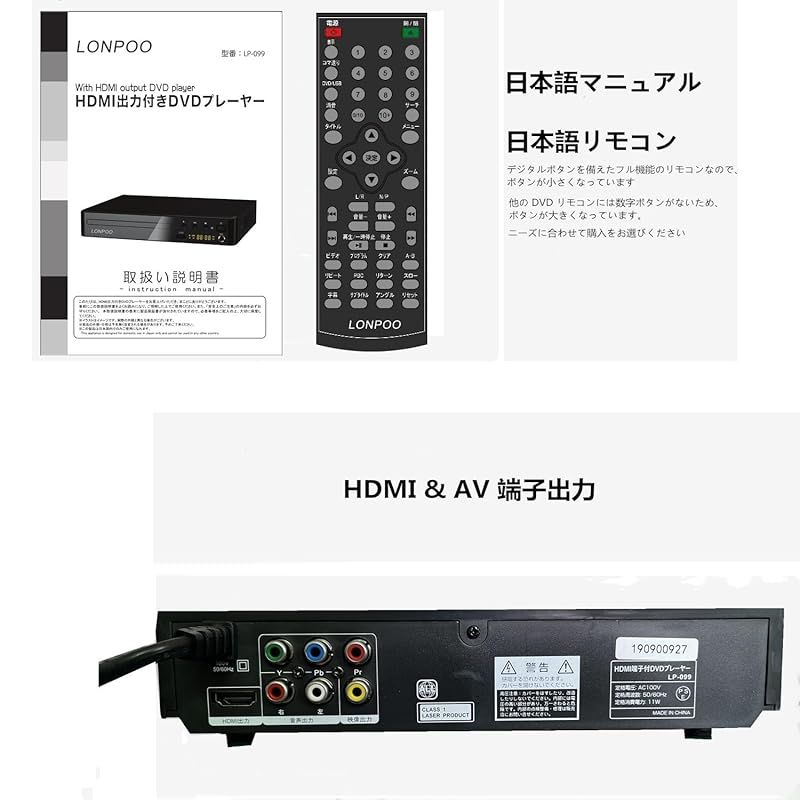 LONPOO DVDプレーヤー リージョンフリー HDMI/AV出力1080P CPRM再生