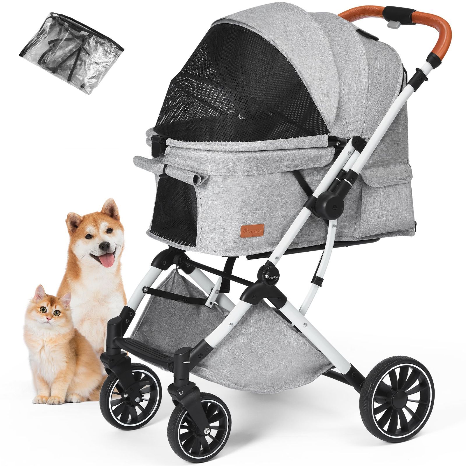 対面両用式 犬猫用バギー 多頭対応 大容量 自立式 一体型コンパクト折りたたみ 4輪 前輪360°回転 前後輪ブレーキ付き 飛び出し防止 組み立て簡単 ペットカート 軽量 耐荷重30 KG レインコート付属 グレー