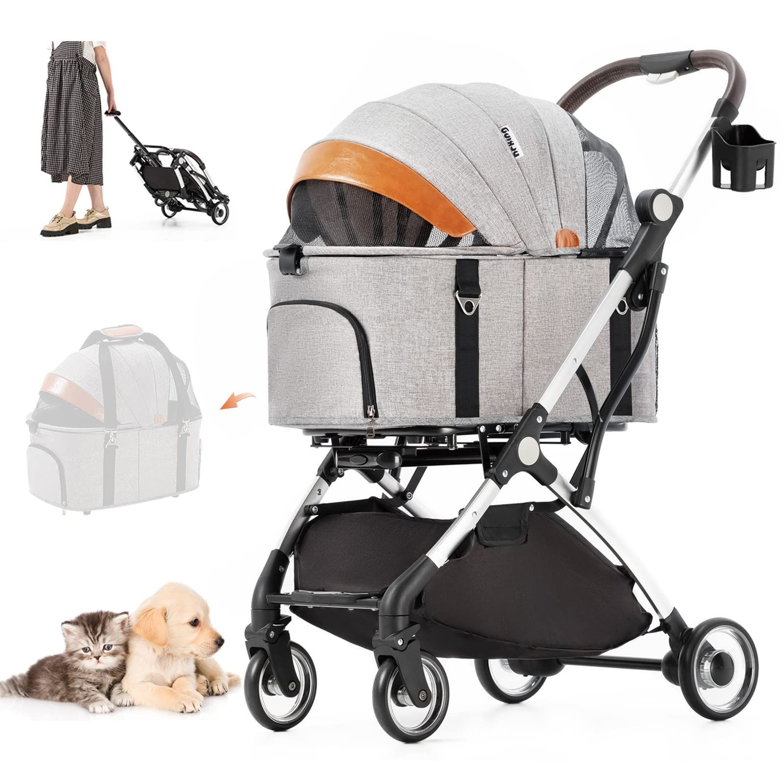 犬用ベビーカー 前輪360°回転 4輪 後輪ブレーキ付 猫犬兼用 対面式 3 wayモデル 多頭用 ペットカート 介護用 ペットバギー 折りたたみ 組み立て簡単 分離型 耐荷重15 KG HRking.HANRAY グレー